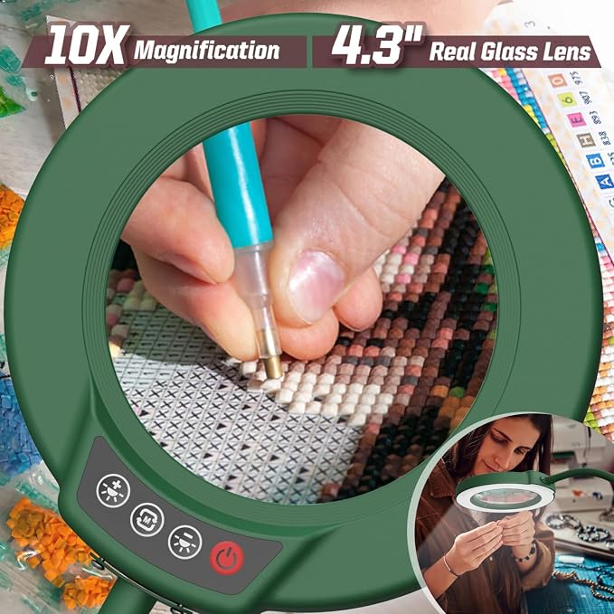 10X Magnifying Glass with Light and Stand, 5 Color Modes Stepless Dimmable LED Lighted Desk Lamp, Hands Free Flexible Gooseneck Magnifier with Light for Craft Hobby Painting Close Work - Green - Image 2