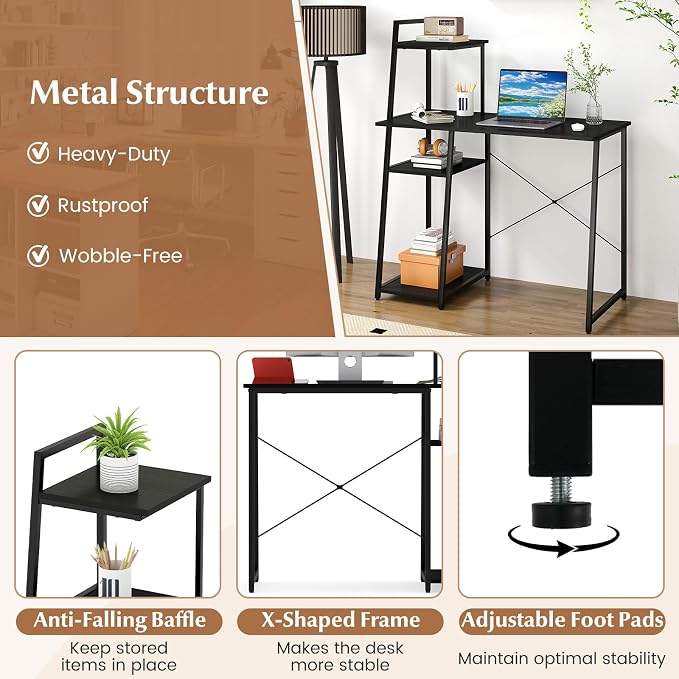 Giantex Computer Desk with Shelves, 47.5” Home Office Desk with Bookshelf, Host Stand, Metal Frame, PC Laptop Workstation, Modern Study Writing Desk for Bedroom, Small Space (Black) - Image 5