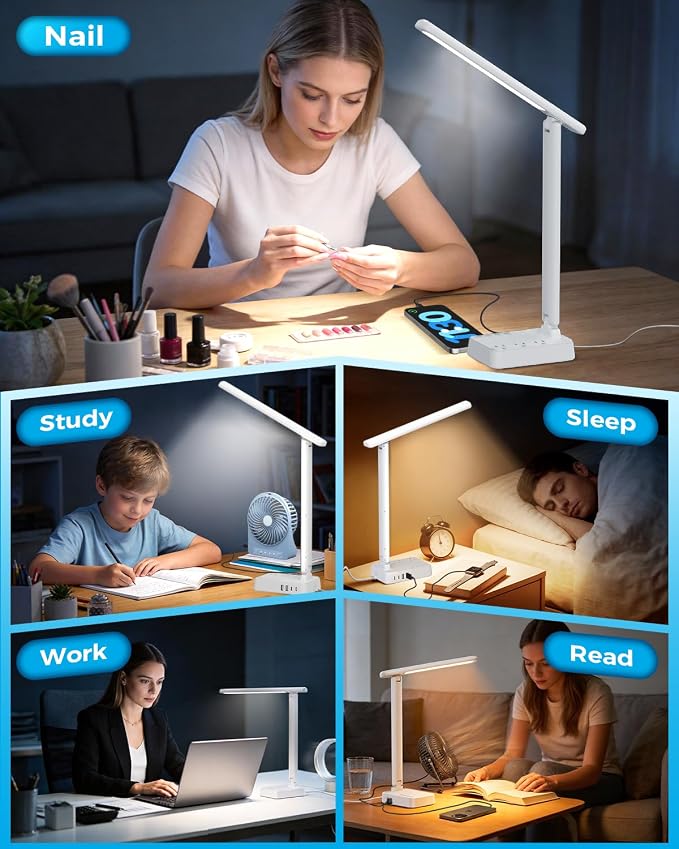 LED Desk Lamp with Power Strip, 3 AC Outlets & 4 USB Ports (2 USB-C), Stepless Dimming&2800K-6500K Eye-Caring Desk Light, Foldable Table Lamp with 5FT Cord for Home Office, Dorm Room Essentials White - Image 8