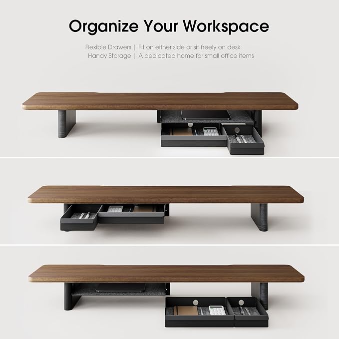 Fenge 42.5" Monitor Stand with Storage Drawers, Minimalist Monitor Riser with Solid Ash Legs and Cable Management, Wooden Desk Shelf for Home Office Workspaces, Brown - Image 5