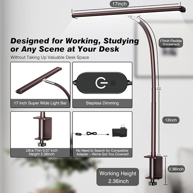 Airlonv LED Desk Lamp for Office Home, Eye-Caring Desk Light with Stepless Dimming Adjustable Flexible Gooseneck, 10W USB Adapter Desk Lamp with Clamp for Reading, Study, Workbench (Brown) - Image 3