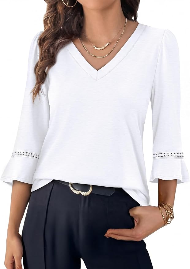 WIHOLL Womens Blouses Dressy Casual 3/4 Length Sleeve Tops Lace Trendy 2026 Spring Summer V Neck Shirts Vacation Outfits - Image 2