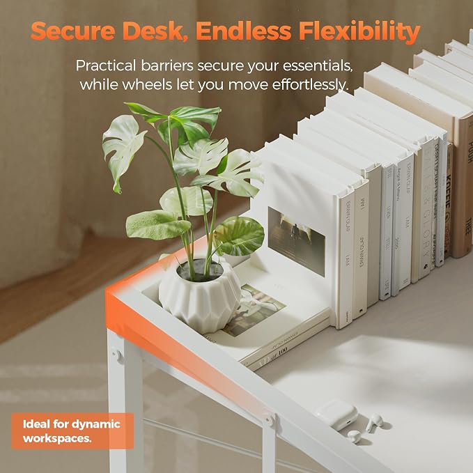 Mericonia 32x20 Inch Small Computer Desk with Wheels & Rear Lip | Simple Rolling Desk, Writing Table for Home Office Bedroom Work Study, White - Image 4