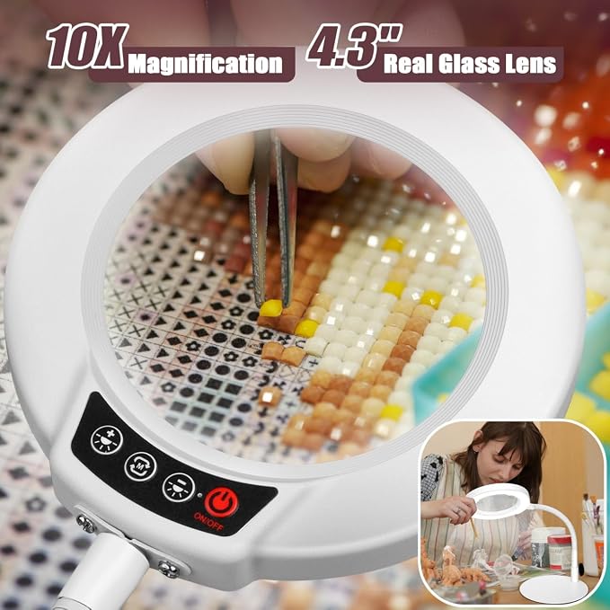 10X Magnifying Glass with Light and Stand, 5 Color Modes Stepless Dimmable LED Lighted Desk Lamp, Hands Free Flexible Gooseneck Magnifier with Light for Craft Hobby Painting Close Work - White - Image 2