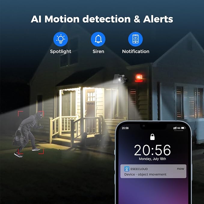 Hiseeu Security Cameras Wireless Outdoor, 2pcs Solar Powered 3K 4MP Surveillance WiFi Cameras for Home Security Outside, PIR/AI Motion Detection, Waterproof, Color Night Vision, 2-Way Audio, Black - Image 6