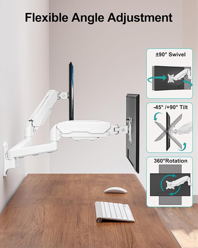 MOUNT PRO Dual Monitor Wall Mount for 13 to 32 Inch Computer Screens, Gas Spring Wall Monitor Arm for 2 Monitors, Each Holds Up to 19.8lbs, Adjustable Wall Monitor Mount with VESA 75x75/100x100, White - Image 4