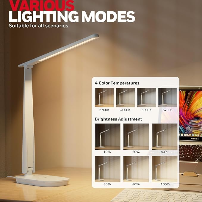 Honeywell HWT-H2 LED Desk Lamp for Home Office, CRI94 Full Spectrum Eye-Caring Light, Dimmable Table Lamp with USB-A & USB-C Charging Ports, Foldable Touch Control Reading Lamp, White - Image 2