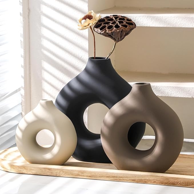 Vanselia Ceramic Vase Home Table Decor - Flower Vases Set of 3 Small Living Room Centerpiece Decorations for Shelf Bedroom Office Kitchen Dining Desk Modern Aesthetic Farmhouse Decorative (Classic) - Image 8