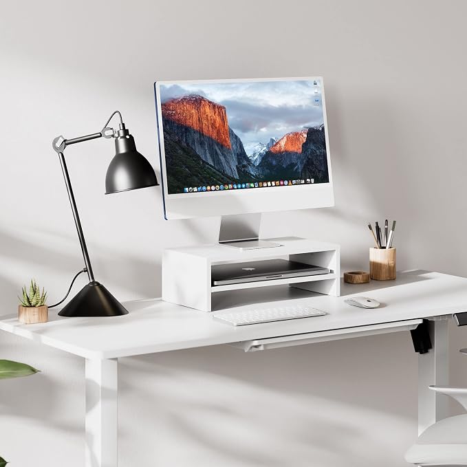FITUEYES Monitor Stand - 2 Tier Computer Monitor Riser Shelf, Wood Desktop Stand for Laptop Computer Screen, Desk Organization, Office Supplies | For Laptop PC Screen Computer Printer TV, 2 Tiers, Non-slip Pads, Multi-functional, Multi-storage, Desk Sh... - Image 2