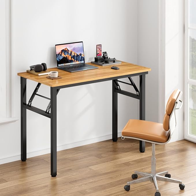 Need Office Computer Desk 35.8 Inch Sturdy Folding Laptop Table Teak | Black Frame Writing Gaming Work Table/Foldable Home Office Desk/Sewing Table, No Assembly Required - Image 2