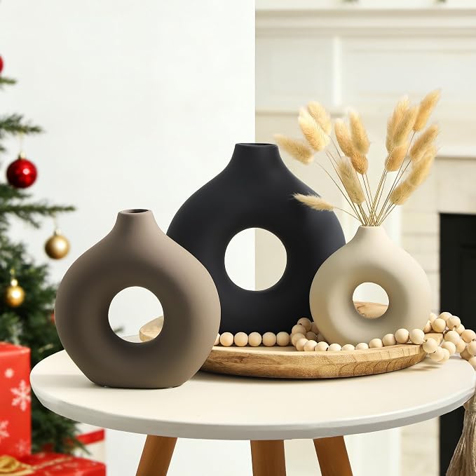 Vanselia Ceramic Vase Home Table Decor - Flower Vases Set of 3 Small Living Room Centerpiece Decorations for Shelf Bedroom Office Kitchen Dining Desk Modern Aesthetic Farmhouse Decorative (Classic) - Image 9