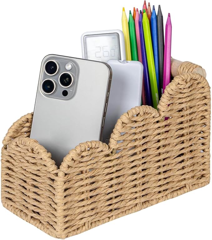 CubesLand Bedside Table Desk Organizer Caddy, Remote Pen&Pencil Holder Cup | Makeup Brush Holder w/Scalloped Perfect for Home, Office Desk, Living Room Table Decor, 3 Slots Beige by CubesLand