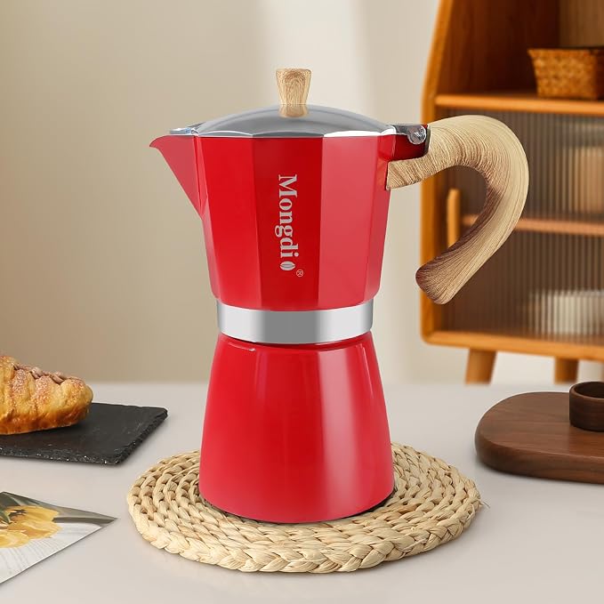 Mongdio Stovetop Espresso Maker Moka Pot, Cuban Coffee Maker Stove top coffee maker Moka Italian Espresso Greca Coffee Maker Brewer Percolator, 9 Espresso Cups, 15 oz - Red - Image 8