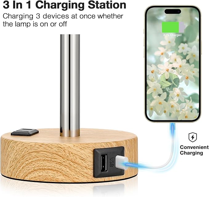 Fenmzee Floral Touch Lamp for Bedroom- 3 Way Dimmable Bedside Lamp USB C A Charging Ports and AC Outlet, Small Table Lamp Floral Linen Lampshade for Gift, LED Bulb Included - Image 3