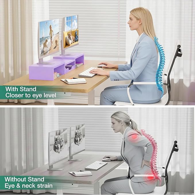 OPNICE Dual Computer Monitor Stand Riser with Drawer, Workspace Desk Organizer, Office Supplies Desk Accessories for Women, Purple - Image 2