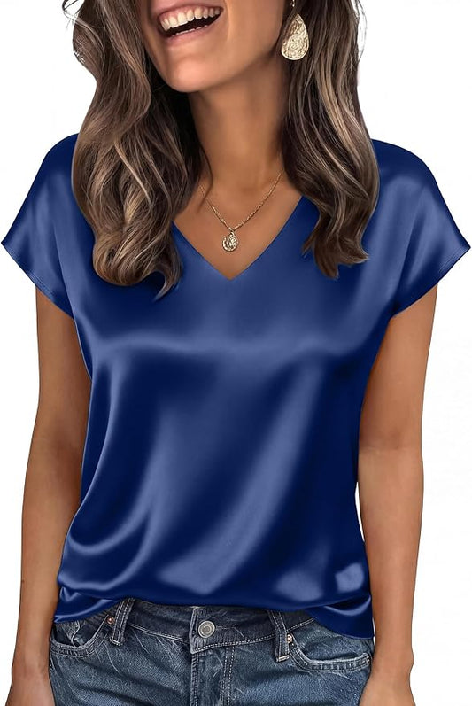 WIHOLL Womens Satin Summer Tops Cap Short Sleeve Blouses V Neck Shirts Business Casual Outfits Fashion Clothing 2026 by WIHOLL