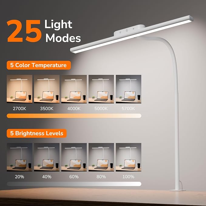 Lepro Desk Lamp with Clamp, Led Clip on Desk Lights for Home Office, White | 11W 750LM Eye Caring Task Light, 25 Lighting Modes, Flexible Gooseneck, Architect Lamp for Monitor, Workbench, Draft, Crafts - Image 2