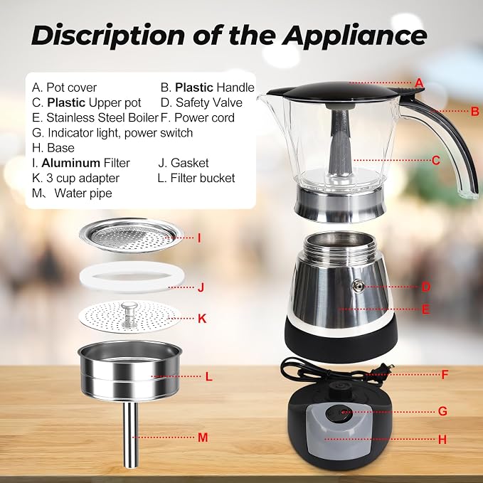 Electric Plastic Clear Moka Pot 3-6 Cup 150-300ml Mocha Pot | Stainless Steel Espresso Maker with Detachable Base Ideal Coffee Maker for Home Italian and Cuban Café Coffeemaker Black - Image 3