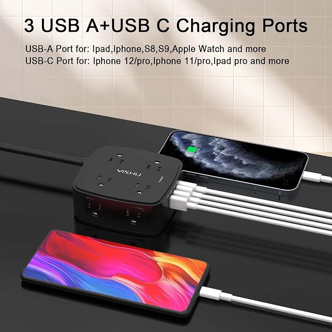 10 Ft Surge Protector Power Strip - 8 Widely Outlets with 4 USB Ports, 3 Side Outlet Extender with 10 Feet Extension Cord, Flat Plug, Wall Mount, Desk USB Charging Station, ETL, Black - Image 3