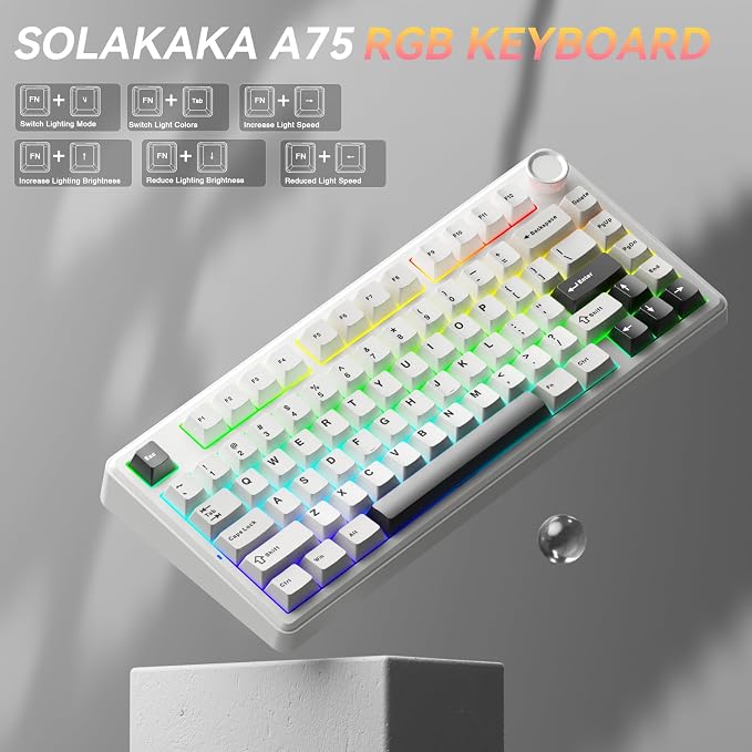 SOLAKAKA A75 75% Wireless Mechanical Keyboard, Hot Swappable Gaming Keyboard with Multifunction Knob & RGB, Gasket Mounted Creamy Keyboard, PBT Keycaps, Compact Layout for Win/Mac/PC - Image 7