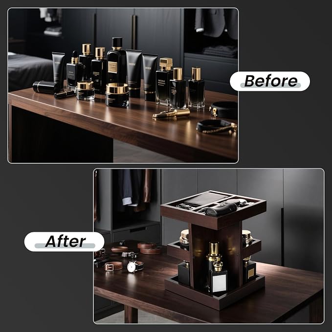 EXIN DECHEN Cologne Organizer for Men,Birthday Gifts for Men,Walnut Color | Easy Installation,360° Rotating,Boyfriend Husband Dad Gift Ideas,Mens Accessories for Desk,Bathroom Countertop,Vanity,Dresser - Image 6