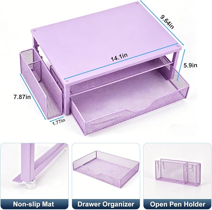 Spacrea Desk Organizer and Accessories, Computer Monitor Stand Riser with Drawer and 1 Open Pen Holder, Printer & Laptop Stand, Office Desk Accessories for Home Office Supplies (Purple) - Image 5