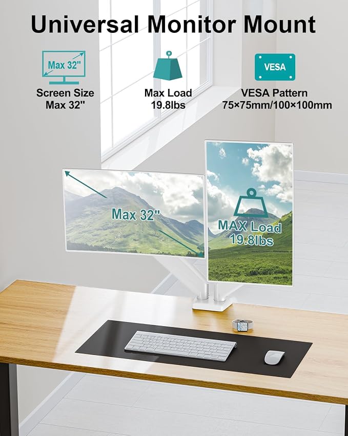 Dual Monitor Arm Desk Mount Fits 13 to 32 inch Computer Screens, Holds 4.4 to 19.8lbs Display VESA Mount, Adjustable Double Monitor Stand with Clamp/Grommet Base, 75/100mm Bracket, White, Freelift - Image 2