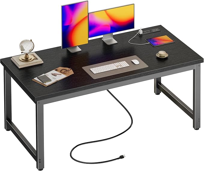 Huuger 55 x 24 inch Desk with Power Outlets & USB-C, Deeper & Thicker Desktop, Robust Metal Tubes, Computer Desk, Heavy Duty Office Desk, Work Gaming Desk for Home Office, Black by Huuger