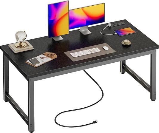 Huuger 55 x 24 inch Desk with Power Outlets & USB-C, Deeper & Thicker Desktop, Robust Metal Tubes, Computer Desk, Heavy Duty Office Desk, Work Gaming Desk for Home Office, Black by Huuger