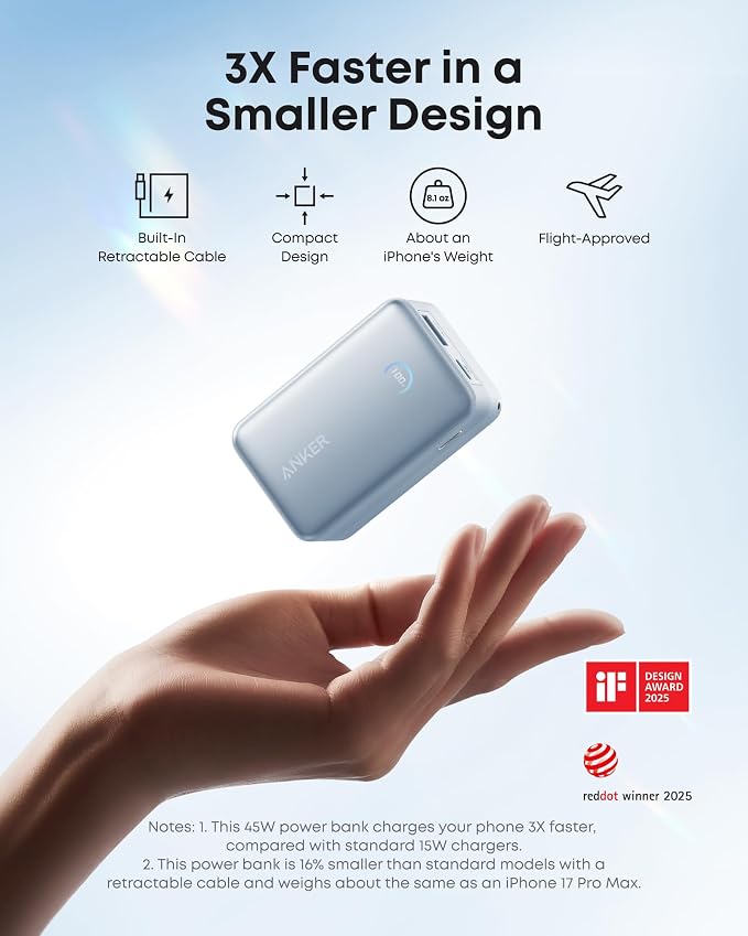 Anker Nano Power Bank, 45W 10,000mAh Portable Charger, iPhone Battery Pack | Built-In Retractable USB-C Cable, for iPhone 17 / 16 Series, iPad, Galaxy, Pixel, and More, Compact Travel Design - Image 4