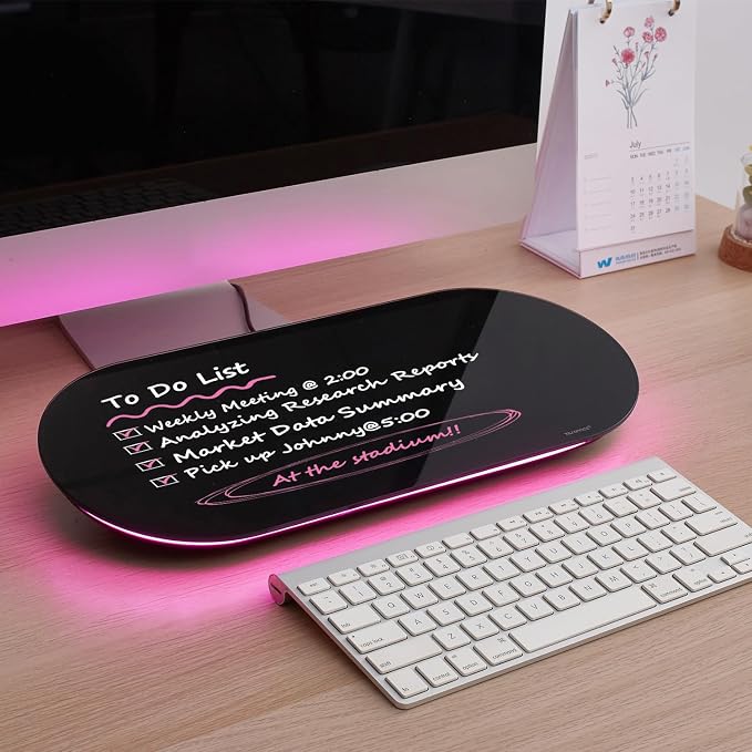 TSJ OFFICE Glass Desktop Whiteboard - 17 X 7 Inches Small Dry Erase Board with Pink Light, Black Glass White Board Surface Notepad with 1 Drawer, Desk Organizers for Office, Home, School Supplies by TSJOFFICE-WipeCleanThinkGreenWorkSmart