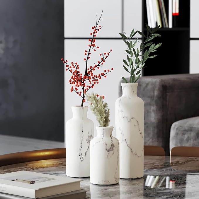 Creative Scents White Marble Look Vases Home Decor - Vase Set of 3 - Perfect for Holding Pampas Grass, Dried/Fresh Flowers, Vases for Your Kitchen, Bedroom, Office, Living/Dining Room, or Shelf Decor - Image 2