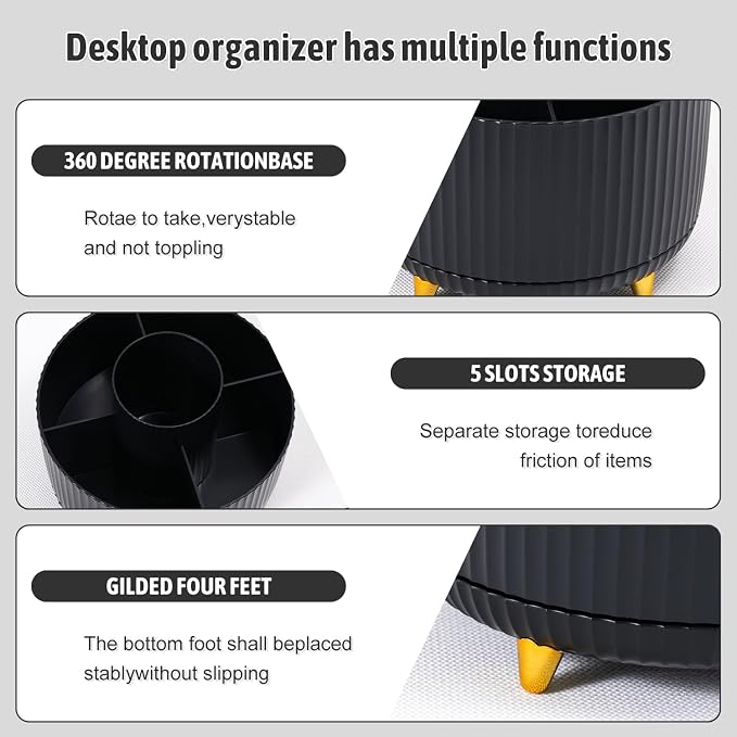 Gawsey Black Desk Organizers and Accessories with Desk Organizer 360° Rotating Pen Holder and Office Supplies, Cute Stationery Supplies Set - Image 5