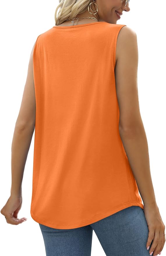 Saloogoe Summer Tank Tops for Women Loose Fit Pleated Square Neck Sleeveless Tops Curved Hem Flowy - Image 4