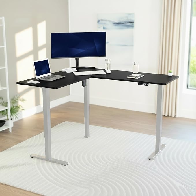 VIVO Black 63 x 55 in Corner Standing Desk, DESK-E3CTGB | Electric, Reversible L-Shaped Table, Sit Stand, Height Adjustable, Memory Controller, Office Furniture Sets, Gray Frame - Image 2