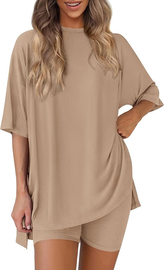 PRETTYGARDEN Women 2 Piece Lounge Set 2026 Summer Casual Oversized Shirts Biker Shorts Matching Airport Travel Outfit Clothes by PRETTYGARDEN