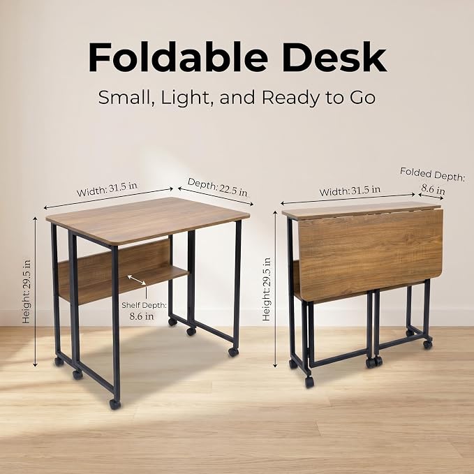 Mobile Foldable Computer Desk with Lockable Wheels & Fixed Foot Pads,Space Saving Folding Writing Gaming Table with Storage Shelf,Laptop Desk for Bedroom Small Apartment Office - Image 2