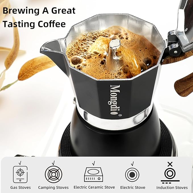 Mongdio Stovetop Espresso Maker Moka Pot, Cuban Coffee Maker Stove top coffee maker Moka Italian Espresso Greca Coffee Maker Brewer Percolator, 6 Espresso Cups, 10 oz - Black - Image 3