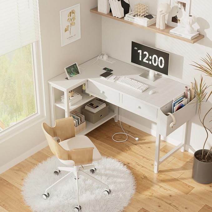 DLisiting Small White L Shaped Desk with Drawers & Storage Shelves, 40 Inch Corner Desk with Power Outlet for Small Space Home Office, Study Work PC Desks for Bedroom - Image 2
