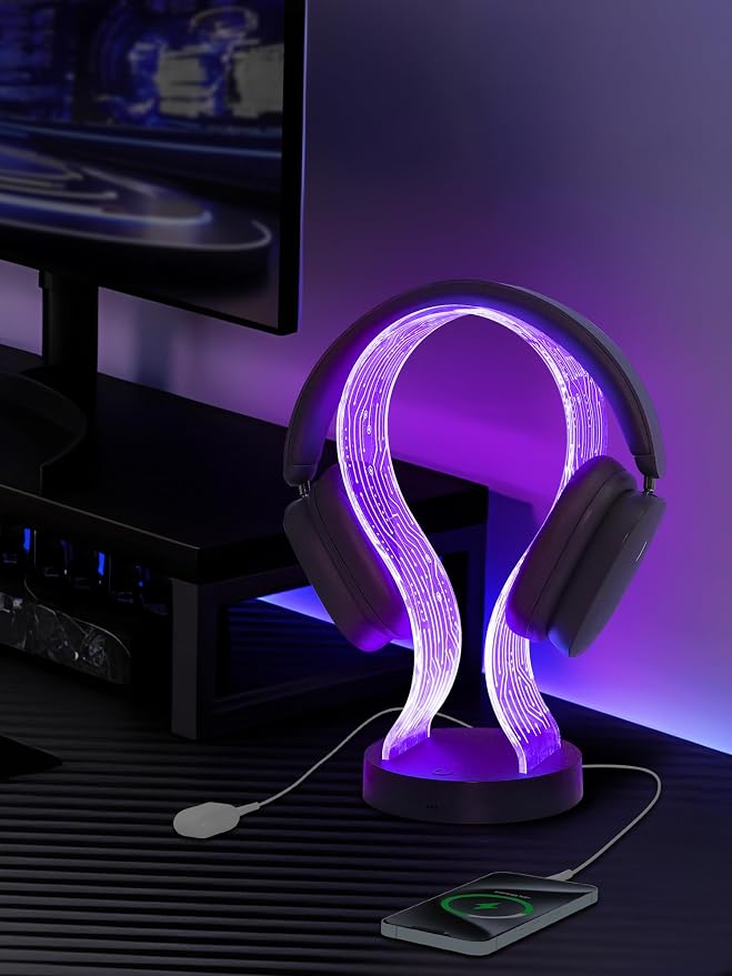 CoolGift Mart Light Up Headphone Stand with 16 Color Lights, PCB Pattern Acrylic Headset Stand with 1 USB and 1 Type-C Charging Ports, Gifts for Gamers Men Boy Father Dad and DJ Music Lovers - Image 8