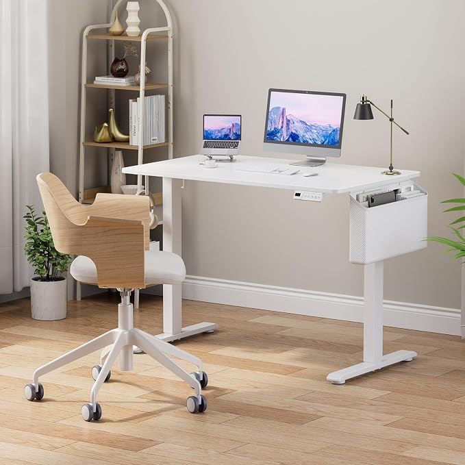 White Electric Sit To Stand Desk - 40 Inch Small Computer Desk Adjustable Height for Work Study Writing, Compact Sit Stand up Desks Table Workstation for Small Space Adult Boy Girl Home Office Bedroom - Image 2