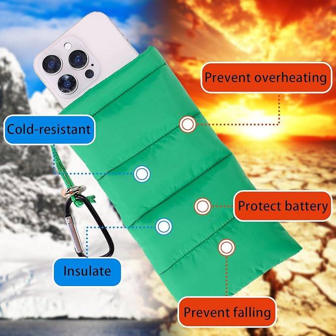 Lyreh Thermal Phone Pouch, Down Cotton Warm Phone Case Cover Bags Prevents Freezing & Overheating Protector Cellphone Pouch with Carabiner Ideal for Outdoor Camping Hiking Skiing (Green) - Image 3