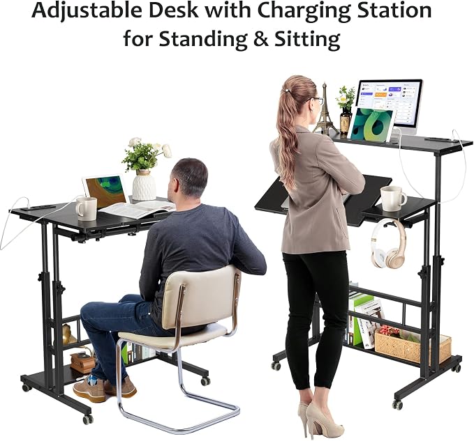 Hadulcet Stand Up Desk, Rolling Desk Adjustable Height, Mobile Standing Desk with Wheels & Charging Station, Portable Stand for Laptop, Rolling Computer Cart TV Tray, Small Standing Desk Drawing Table - Image 8