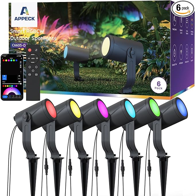 APPECK Smart Landscape Lighting Kit 36W, 6 Pack Outdoor Spot Lights RGBCW | Color Changing Landscape Lights, IP65 Waterproof, for Garden Pathway Yard, Daily Holiday Decor, Google Assitant Compatible by APPECK