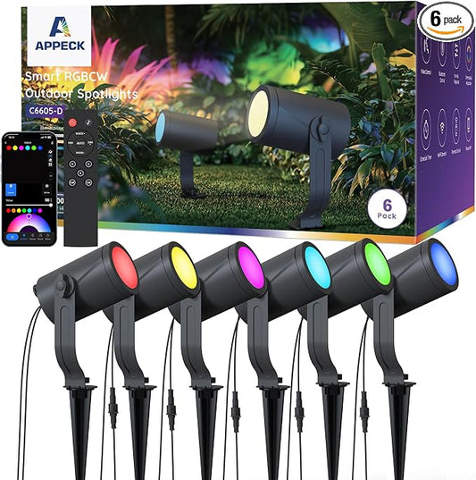 APPECK Smart Landscape Lighting Kit 36W, 6 Pack Outdoor Spot Lights RGBCW | Color Changing Landscape Lights, IP65 Waterproof, for Garden Pathway Yard, Daily Holiday Decor, Google Assitant Compatible by APPECK