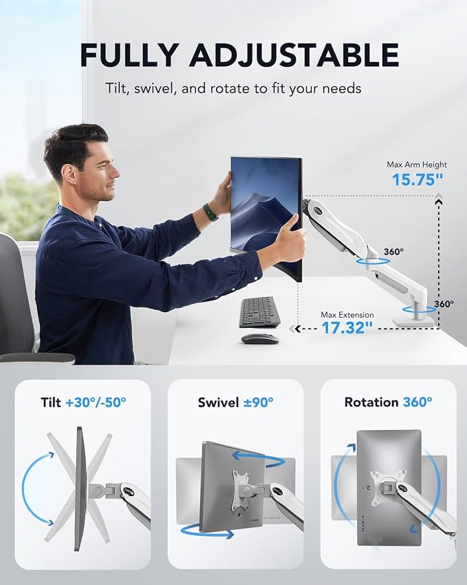 HUANUO Single Monitor Mount, 13 to 32 Inch Gas Spring Monitor Arm, Adjustable Stand, Vesa Mount with Clamp and Grommet Base - Fits 4.4 to 19.8lbs LCD Computer Monitors - Image 4
