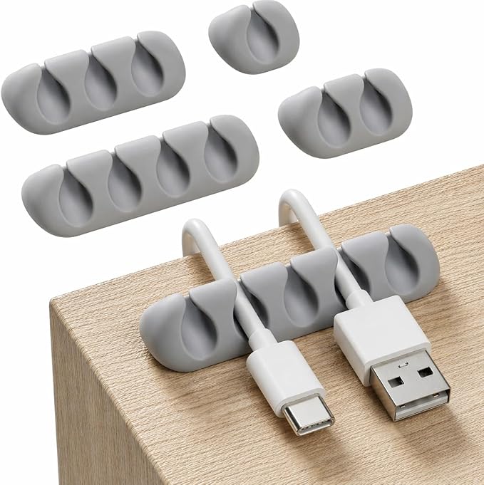 Cord Organizer for Desk, Nightstand Cable Holder, 5 Pack, Multislot, Grey | GLUIT Adhesive Charger Organizer, Cable Management for Desk Car Office Home College Dorm Room Cable Clips for Cords by GLUIT