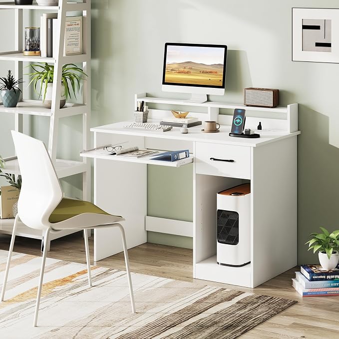 Giantex White Desk with Drawers, Modern Home Office Desk with Keyboard Tray, Monitor Stand & Adjustable Shelf, PC Laptop Table Computer Workstation, Study Writing Desk for Small Spaces, Bedroom by Giantex