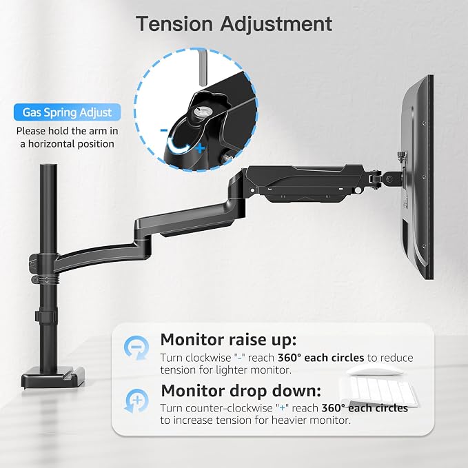 MOUNTUP 27 inch Extra Long Monitor Arm, Single Desk Mount for 22-32 inch, Tall Monitor Stand Holds 4.4-19.8lbs, Height Adjustable Monitors Stand for Desk with C-Clamp/Grommet Base, Black - Image 9