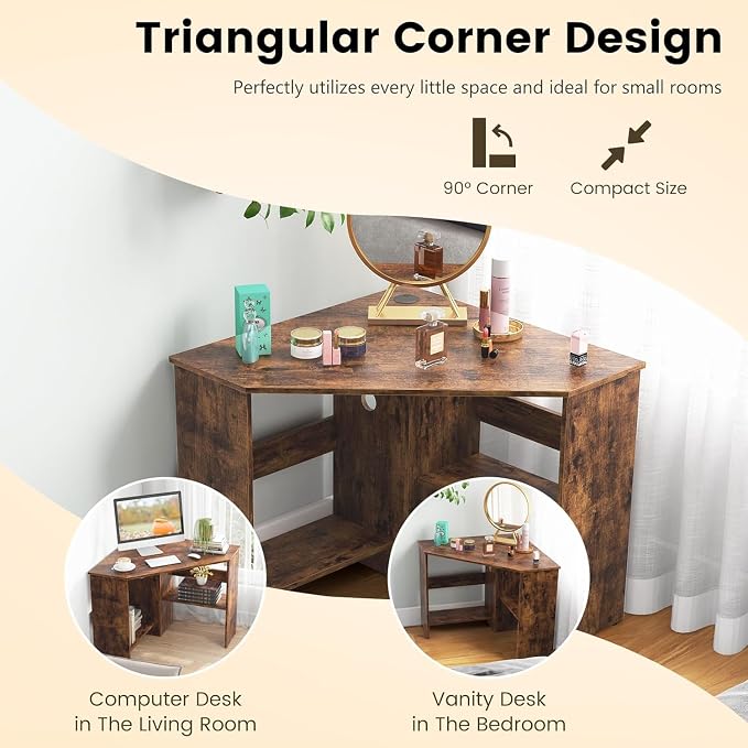 GOFLAME Corner Desk with Storage Shelves, Triangular Computer Desk with Cable Management Holes, Laptop Workstation for Small Space, Makeup Vanity Desk for Living Room, Study, Rustic Brown - Image 6